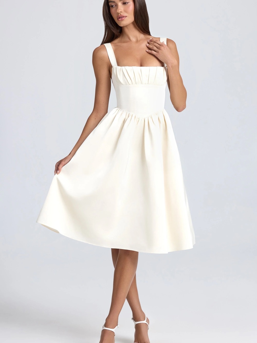 Cream Square-Neck Midi Dress with Gathered Bodice